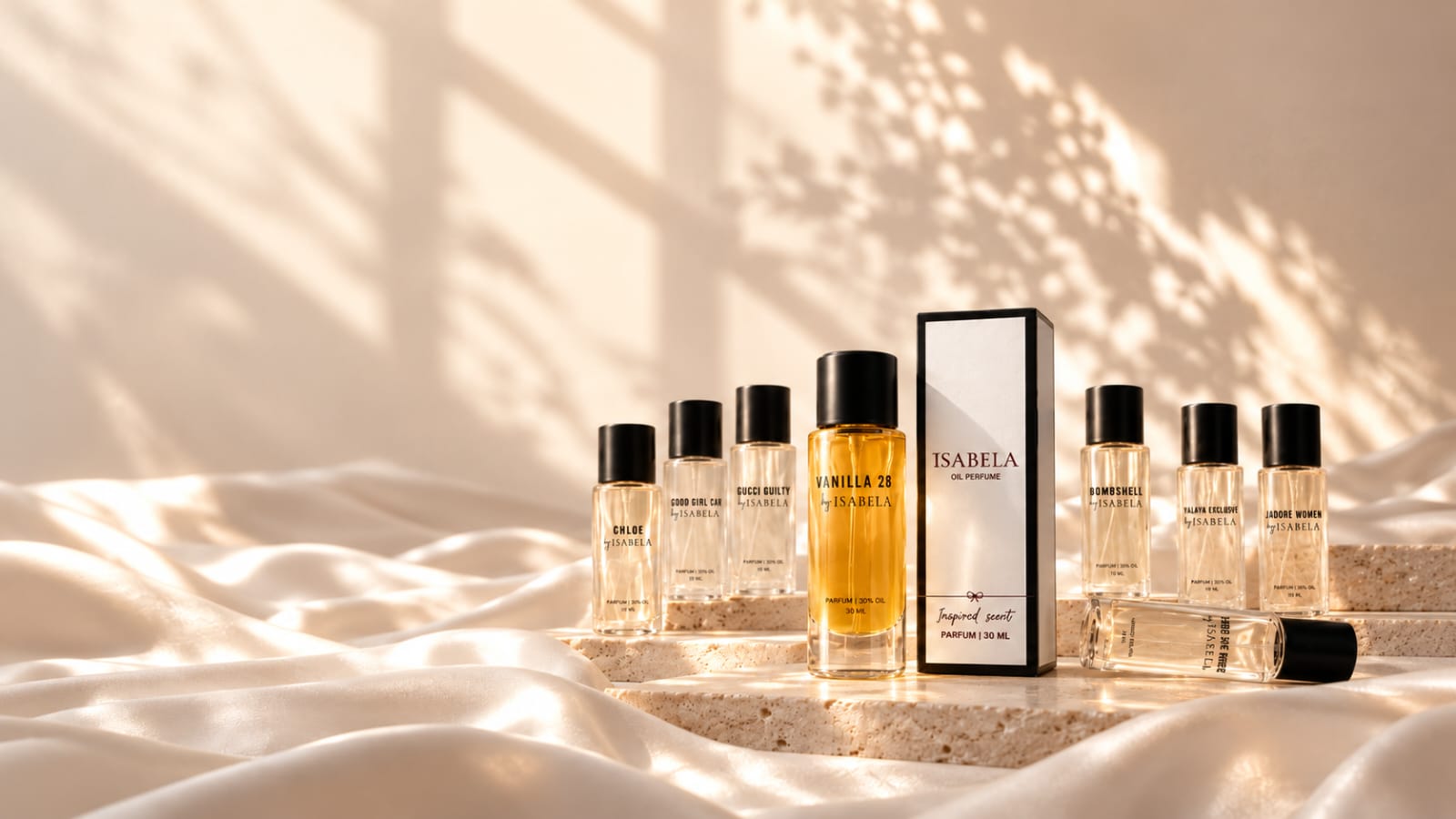 ISABELA oil perfume collection on warm silk
